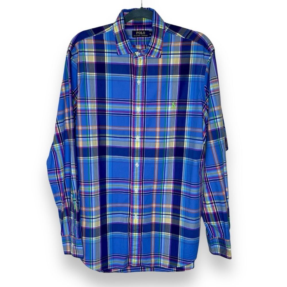 Polo Ralph Lauren Blue Plaid Button Up Long Sleeve Shirt Cotton Men Size Large